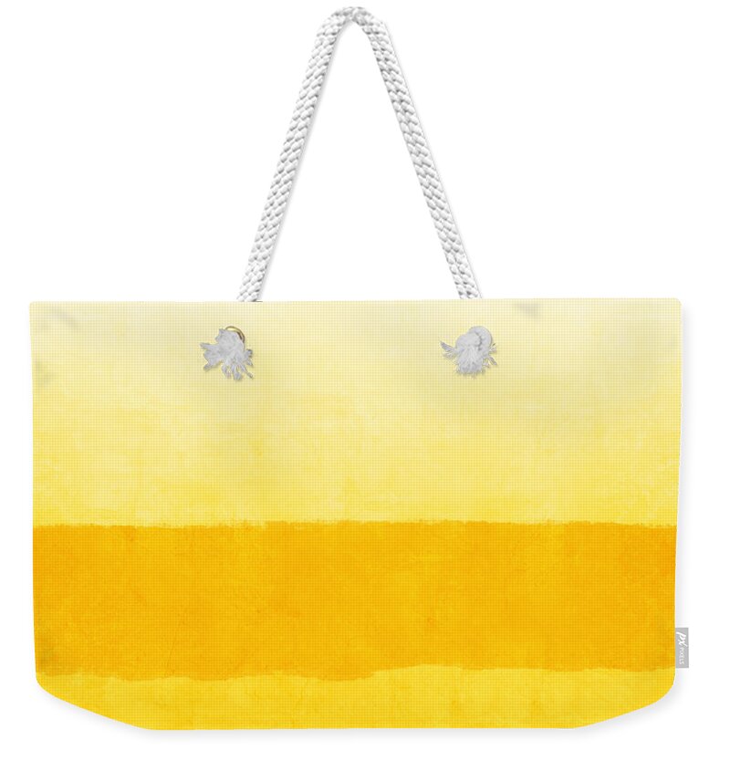 Abstract Contemporary Modern Stripes Yellow White Mustardsunshine Sun Sunset Sunrise Warm Large Square Home Decorairbnb Decorliving Room Artbedroom Artcorporate Artset Designgallery Wallart By Linda Woodsart For Interior Designersgreeting Cardpillowtotehospitality Arthotel Artart Licensing Weekender Tote Bag featuring the painting Sunrise- Yellow Abstract Art by Linda Woods by Linda Woods