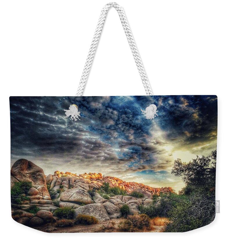 Desert Weekender Tote Bag featuring the photograph Sunset at Barker Dam 2 by Kyle Mcdonough