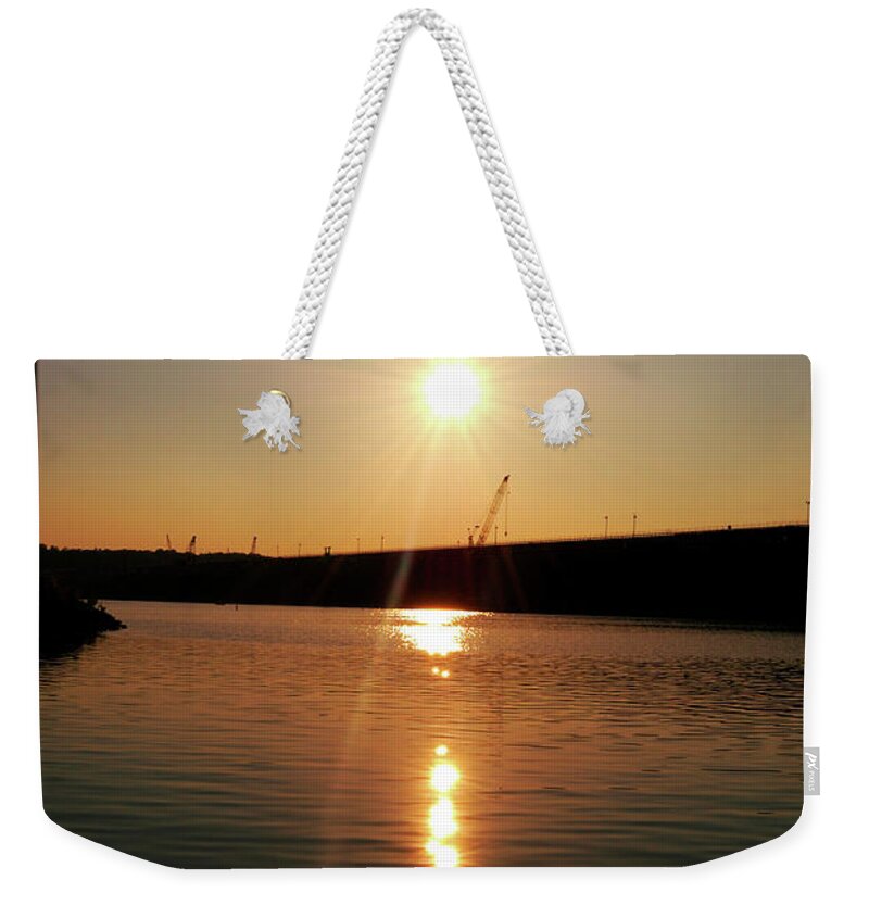 Lake Weekender Tote Bag featuring the photograph Sunset at Wolf Creek Dam by Amber Flowers