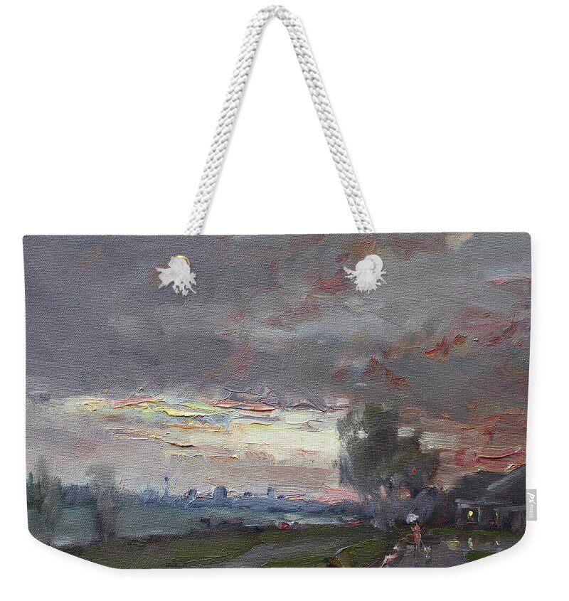 Sunset Weekender Tote Bag featuring the painting Sunset in a Rainy Day by Ylli Haruni