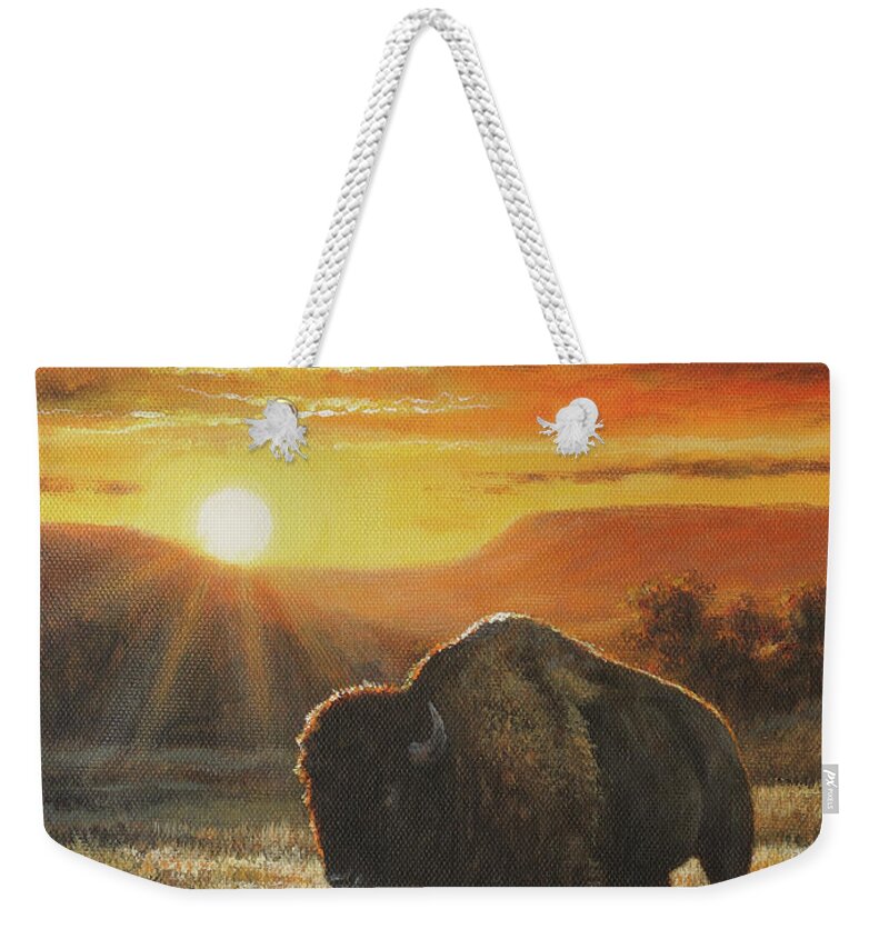 Buffalo Weekender Tote Bag featuring the painting Sunset In Bison Country by Kim Lockman