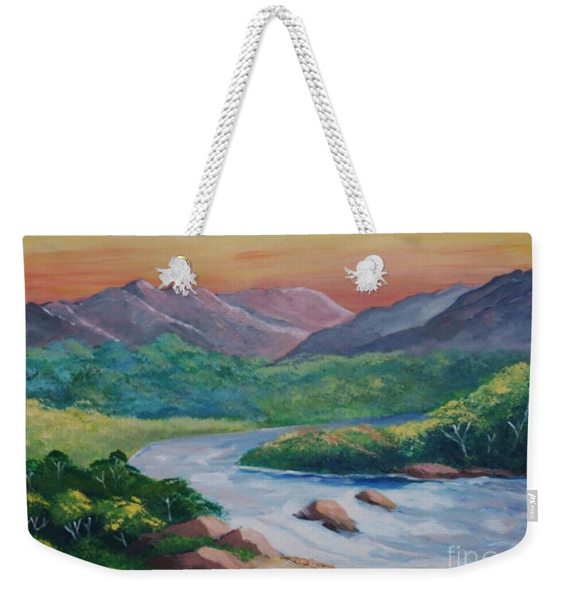 River Weekender Tote Bag featuring the painting Sunset in the River by Jean Pierre Bergoeing