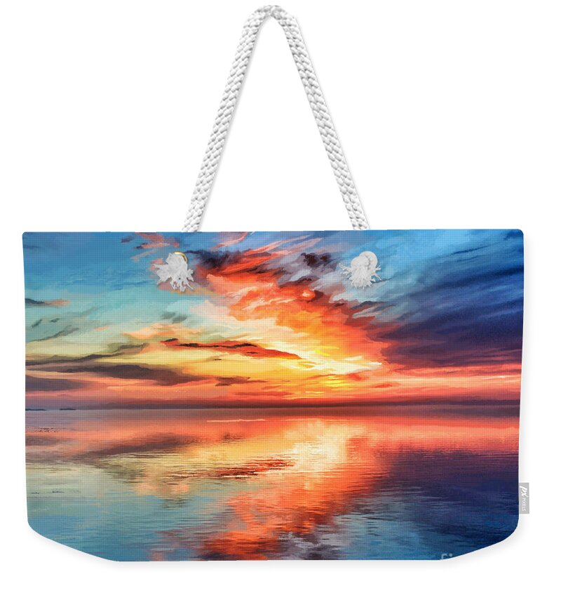 Sun Weekender Tote Bag featuring the painting Sunset Lake Reflection by Jackie Case