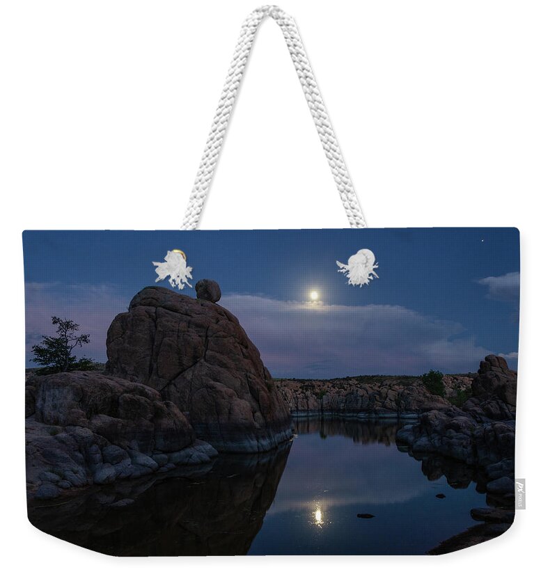 Arizona Weekender Tote Bag featuring the photograph Sunset moon reflection by Gaelyn Olmsted
