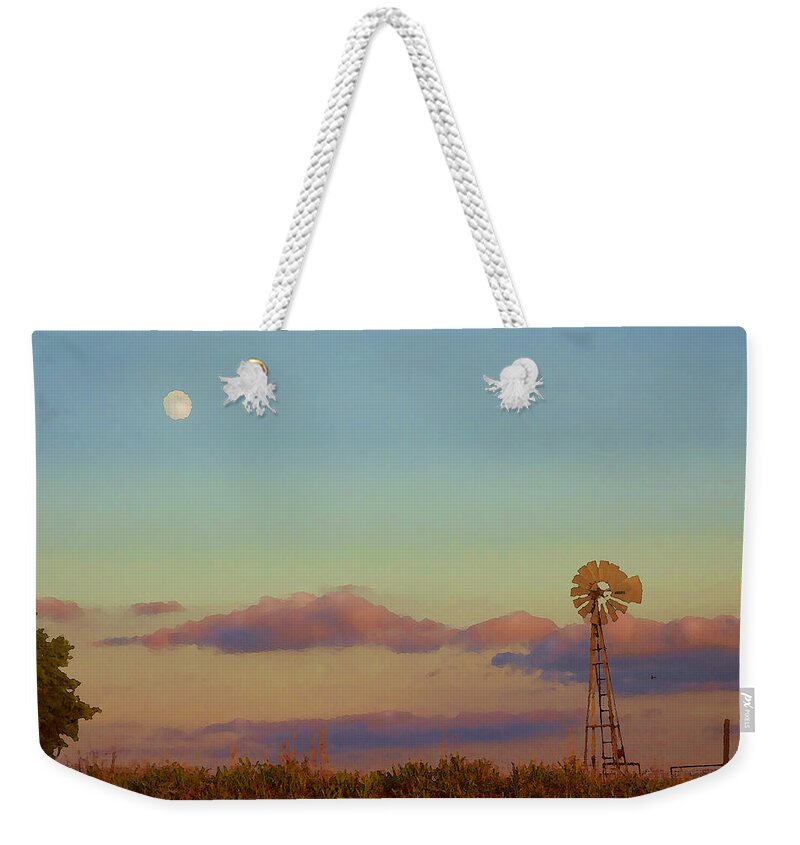 Sunset Weekender Tote Bag featuring the mixed media Sunset Moonrise with Windmill by Shelli Fitzpatrick