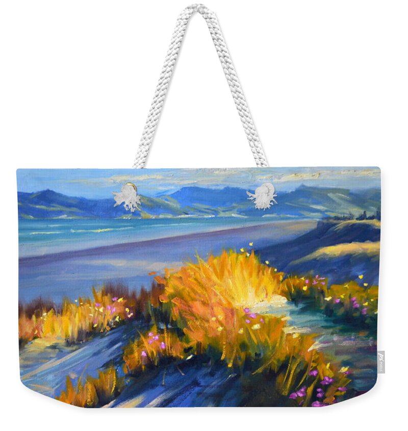 Sky Weekender Tote Bag featuring the painting Sunset on the Beach by Ningning Li