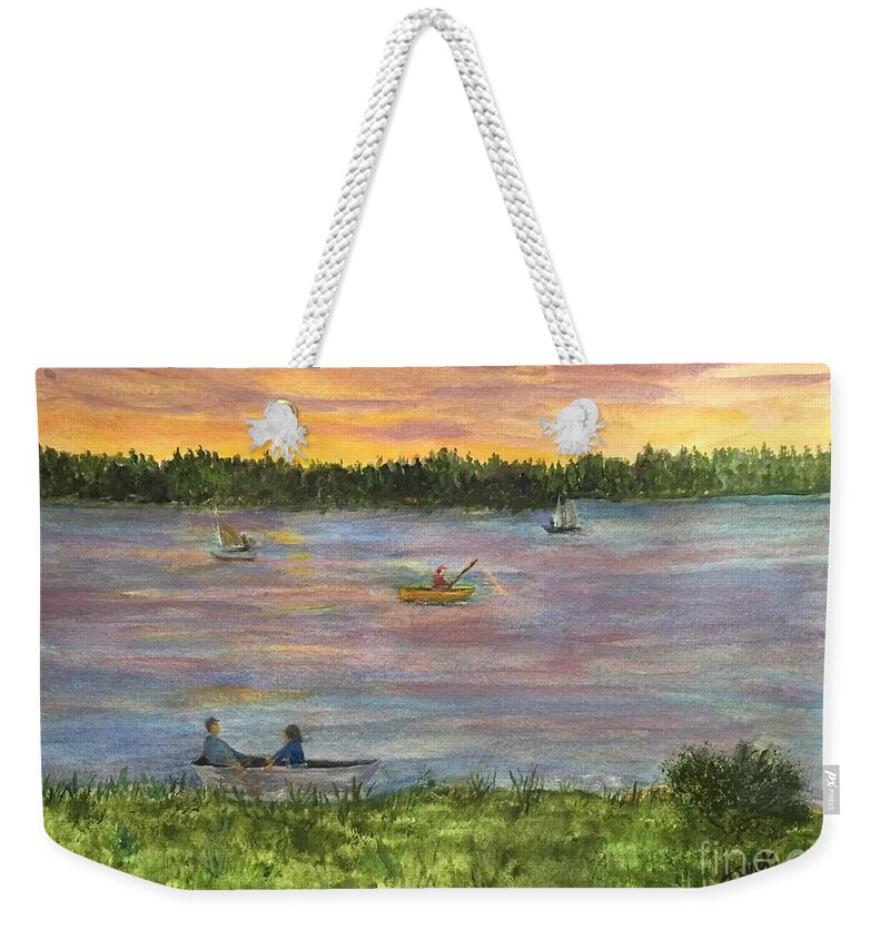 Amesbury Weekender Tote Bag featuring the painting Sunset on the Merrimac River by Anne Sands