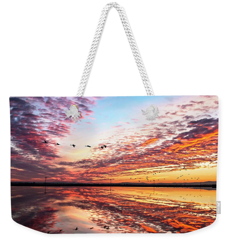Sunset Weekender Tote Bag featuring the photograph Sunset on the pacific flyway by Abram House