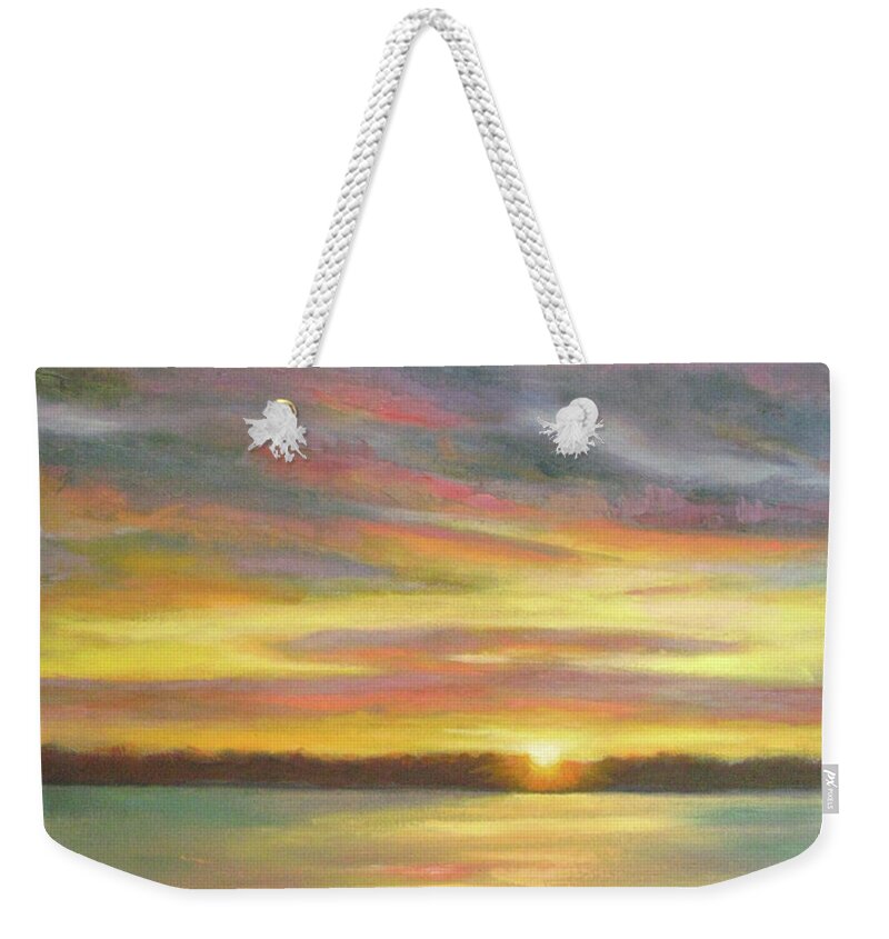 Sunset Weekender Tote Bag featuring the painting Sunset Over Lake by Robie Benve