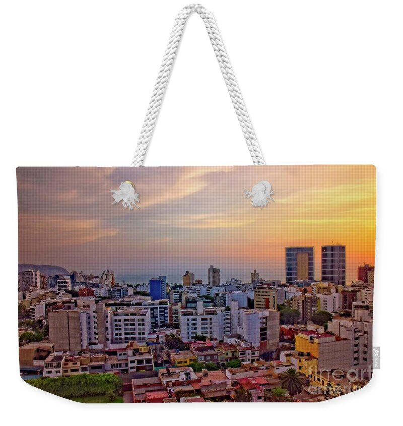 Sunset Over Miraflores Weekender Tote Bag featuring the photograph Sunset over Miraflores, Lima, Peru by Mary Machare