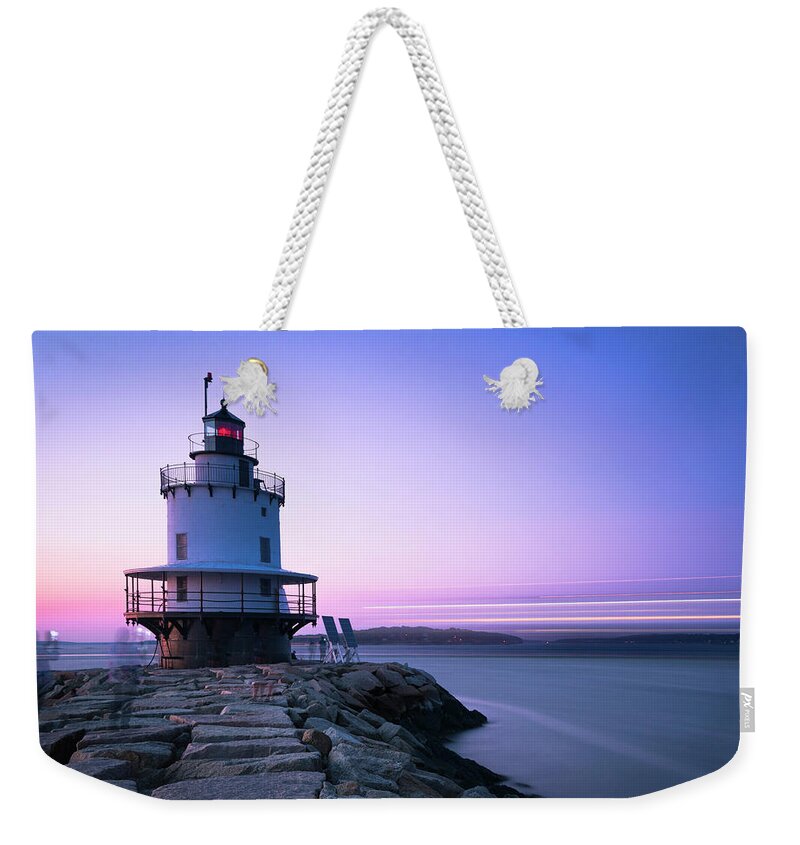 Maine Weekender Tote Bag featuring the photograph Sunset over Spring Breakwater Lighthouse in South Maine by Ranjay Mitra