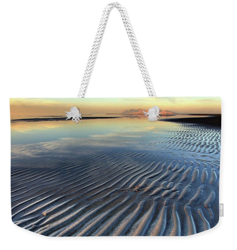 Landscape Weekender Tote Bag featuring the photograph Sunset Ripples and Antelope Island by Brett Pelletier