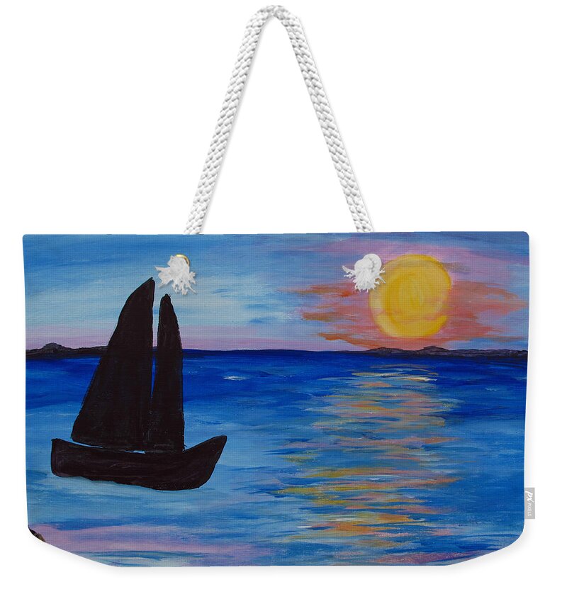 Seascape Weekender Tote Bag featuring the painting Sunset Sail Dark by Barbara McDevitt