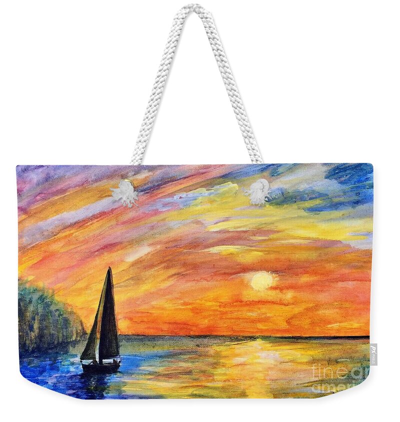 Sunset Weekender Tote Bag featuring the painting Sunset Sail by Deb Stroh-Larson