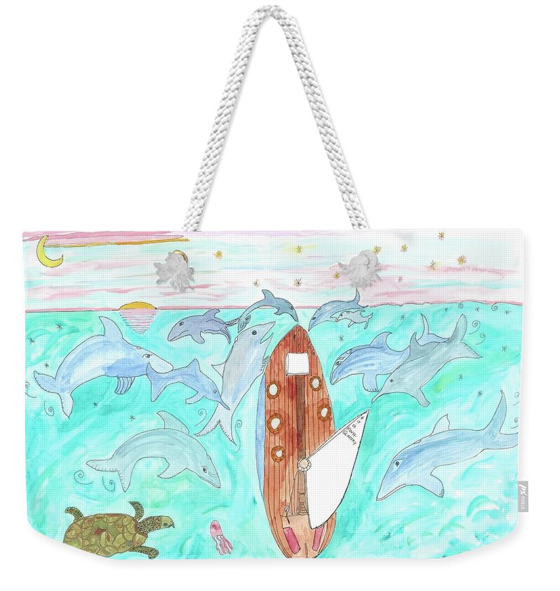 Ocean Weekender Tote Bag featuring the painting Sunset Sail by Helen Holden-Gladsky