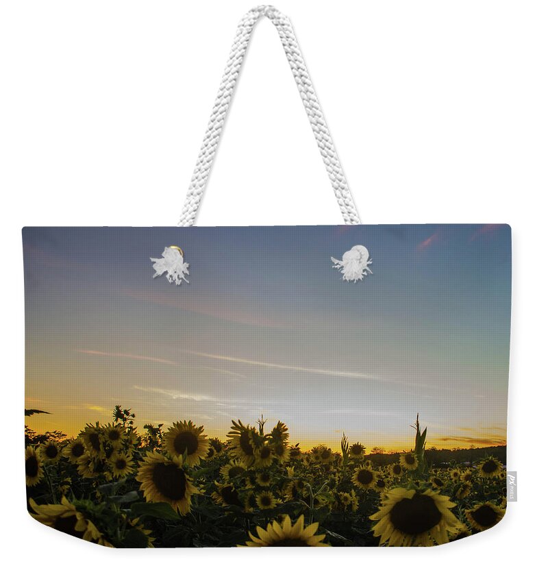 Landscape Weekender Tote Bag featuring the photograph Sunset with Sunflowers at Andersen Farms by GeeLeesa Productions