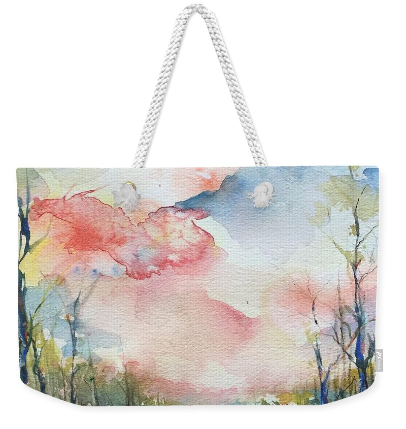 Clouds Weekender Tote Bag featuring the painting Sunsets Grace On the River by Robin Miller-Bookhout
