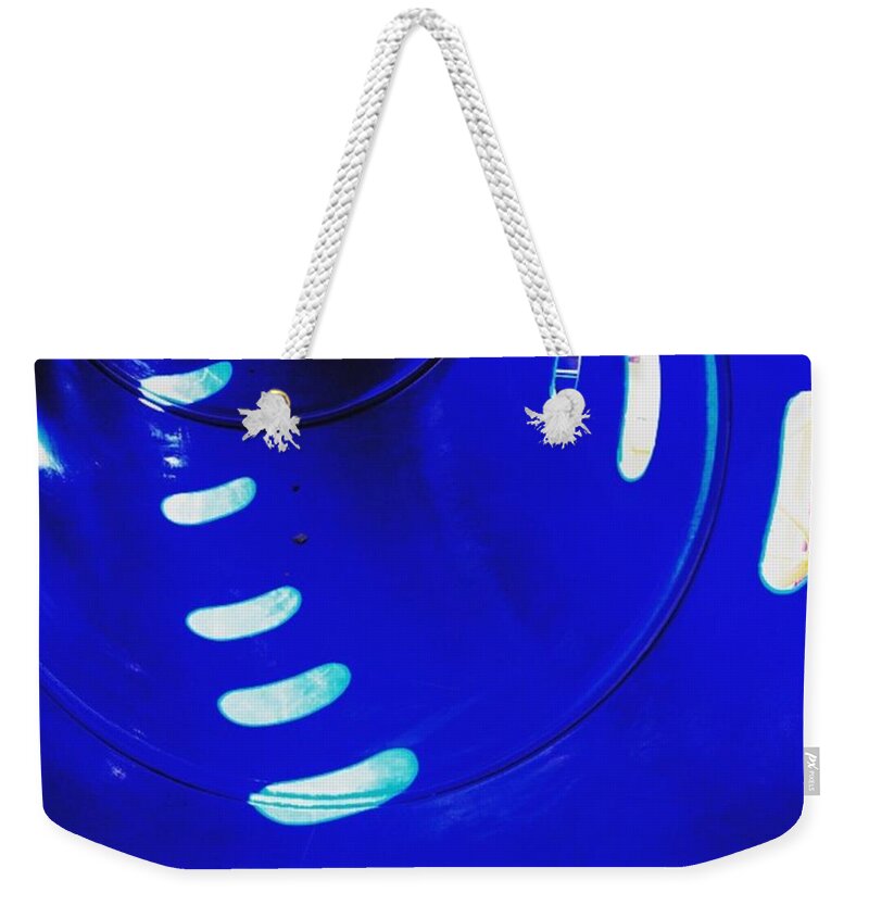 Blue Weekender Tote Bag featuring the photograph Sunspots. #playground #pattern #blue by Ginger Oppenheimer