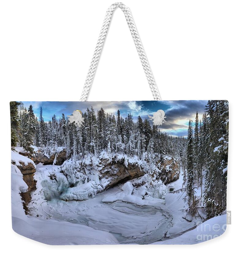 Sunwapta Falls Weekender Tote Bag featuring the photograph Sunwapta Falls Frozen Panorama by Adam Jewell