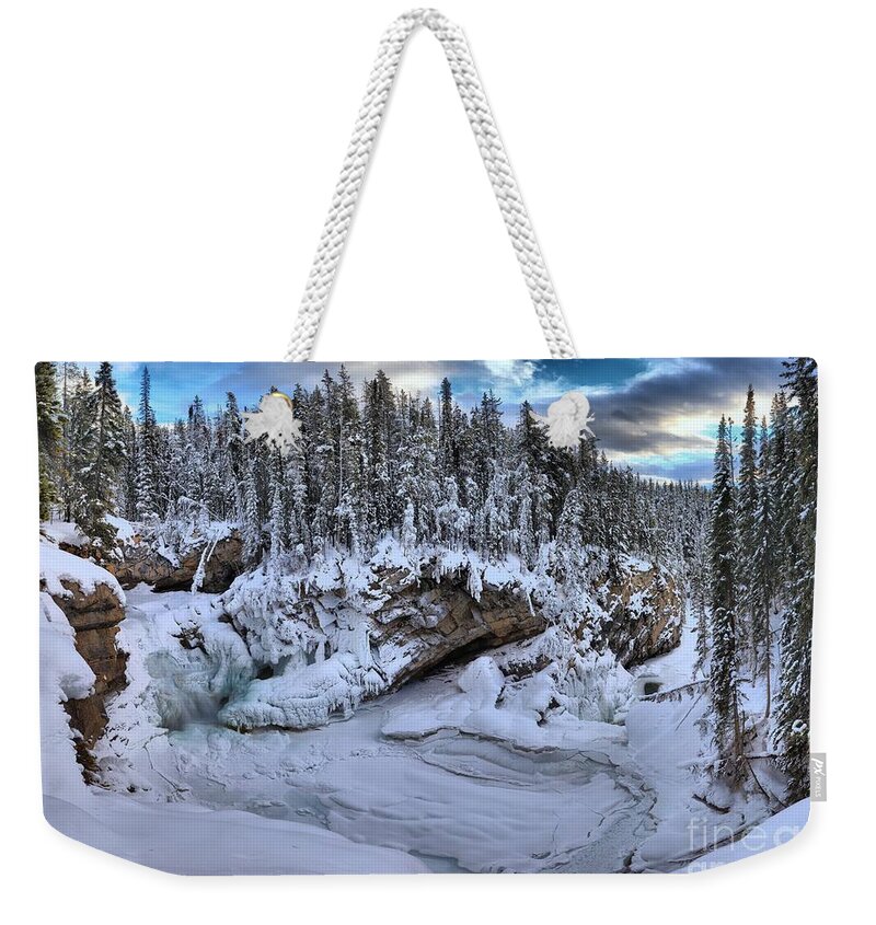 Sunwapta Falls Weekender Tote Bag featuring the photograph Sunwapta Falls Frozen Sunset by Adam Jewell