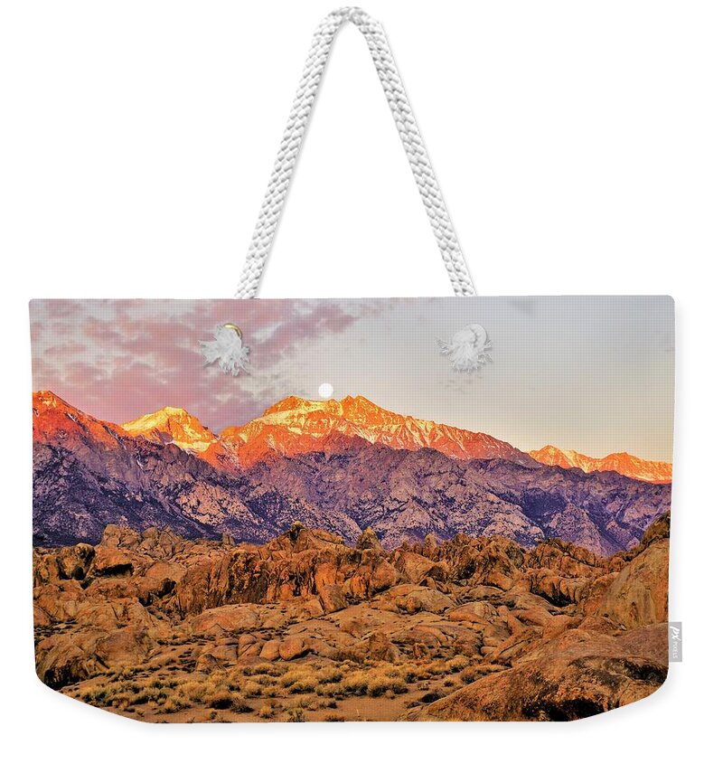 Supermoon Weekender Tote Bag featuring the photograph Supermoon Setting at Sunrise over Mount Williamson in the Sierra Nevada Mountains by Tranquil Light Photography