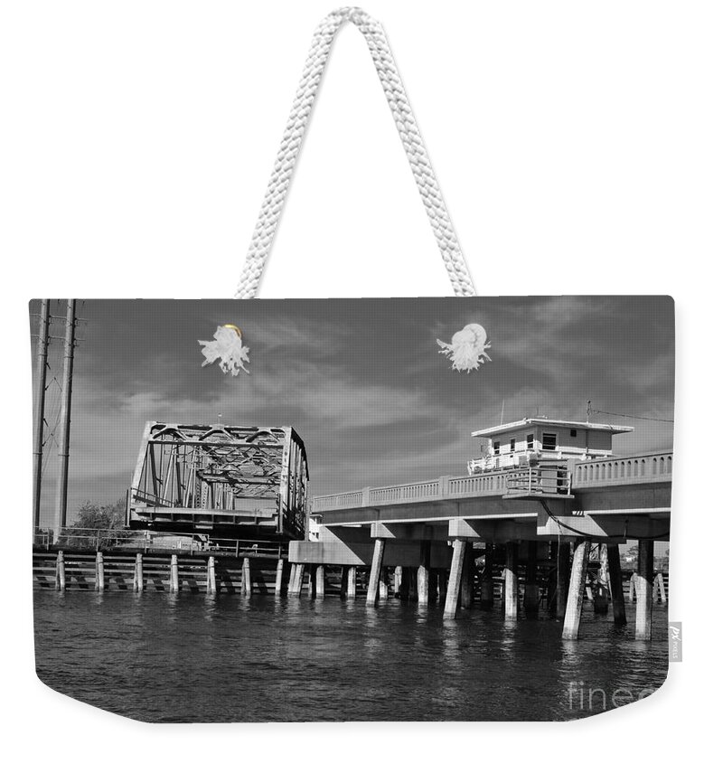 Water Way Weekender Tote Bag featuring the photograph Surf City Bridge - Black and White by Bob Sample