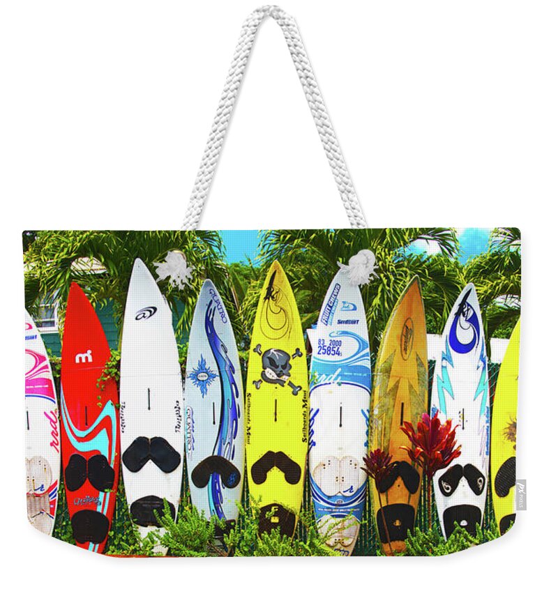 Surfboard Weekender Tote Bag featuring the photograph Surfboards in Paia Maui Hawaii by ELITE IMAGE photography By Chad McDermott