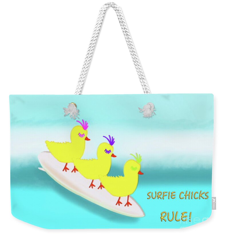 Yellow Weekender Tote Bag featuring the digital art Surfie Chicks Rule 2 by Barefoot Bodeez Art