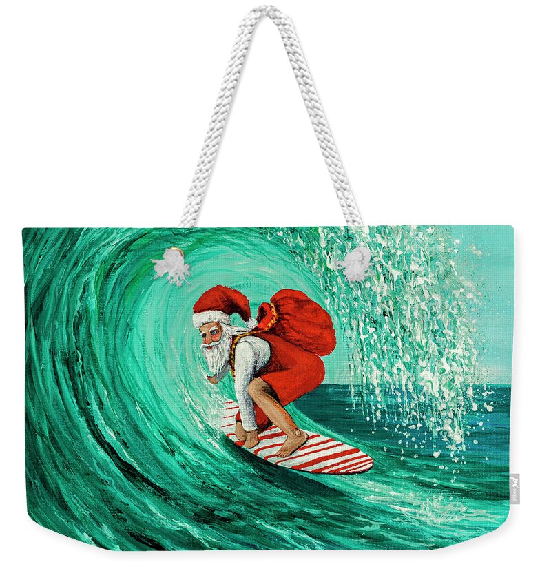 Christmas Weekender Tote Bag featuring the painting Surfing Santa by Darice Machel McGuire
