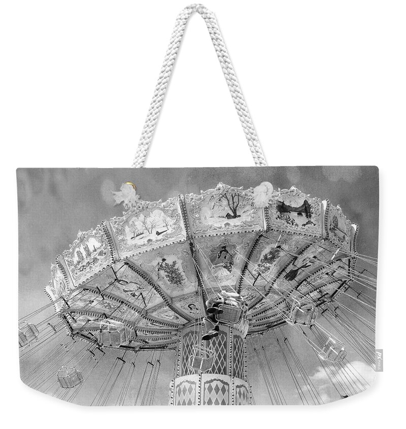 Black And White Carnival Prints Weekender Tote Bag featuring the photograph Surreal Carnival Rides - Carnival Rides Ferris Wheel Black and White Photography Prints Home Decor by Kathy Fornal