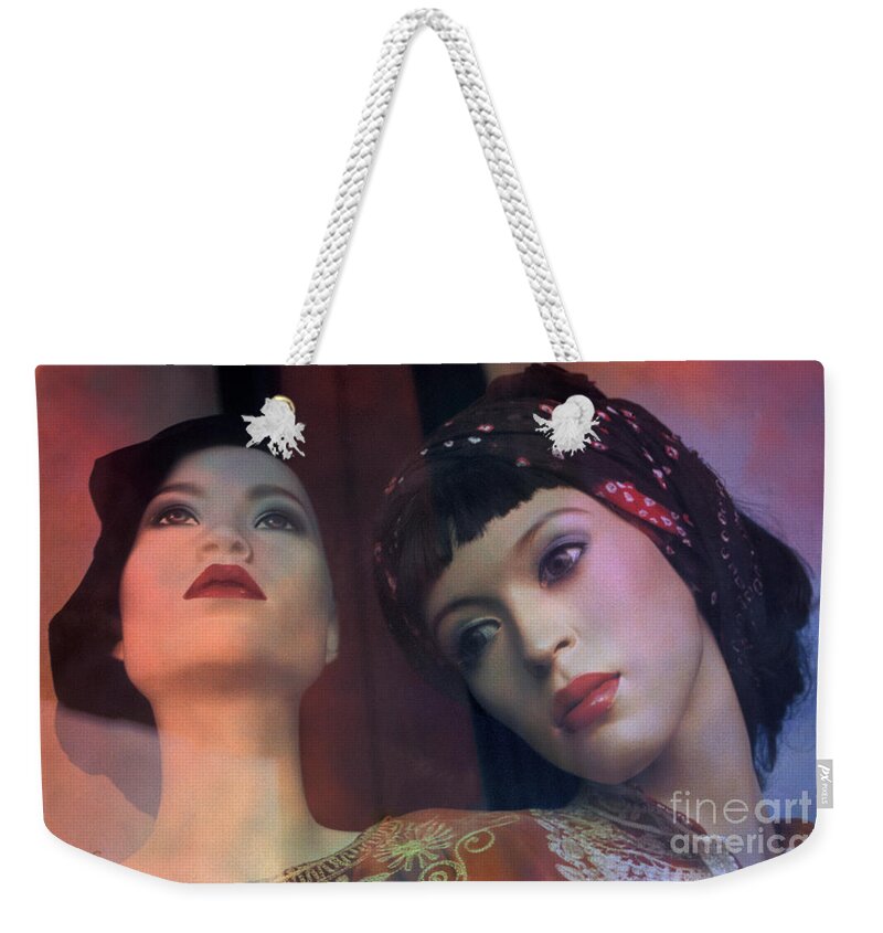 Reflections Weekender Tote Bag featuring the photograph mannequins reflections photographs - Two Women in a Window by Sharon Hudson