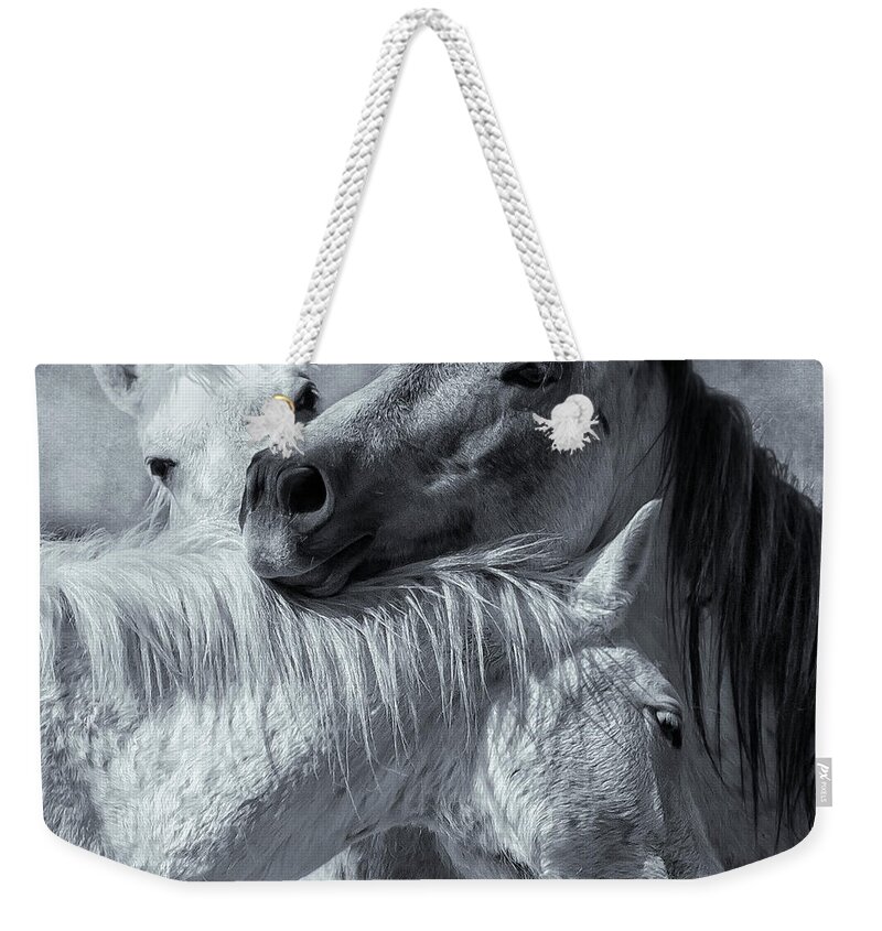 Wild Horses Weekender Tote Bag featuring the photograph Surrounded by Love BW by Belinda Greb