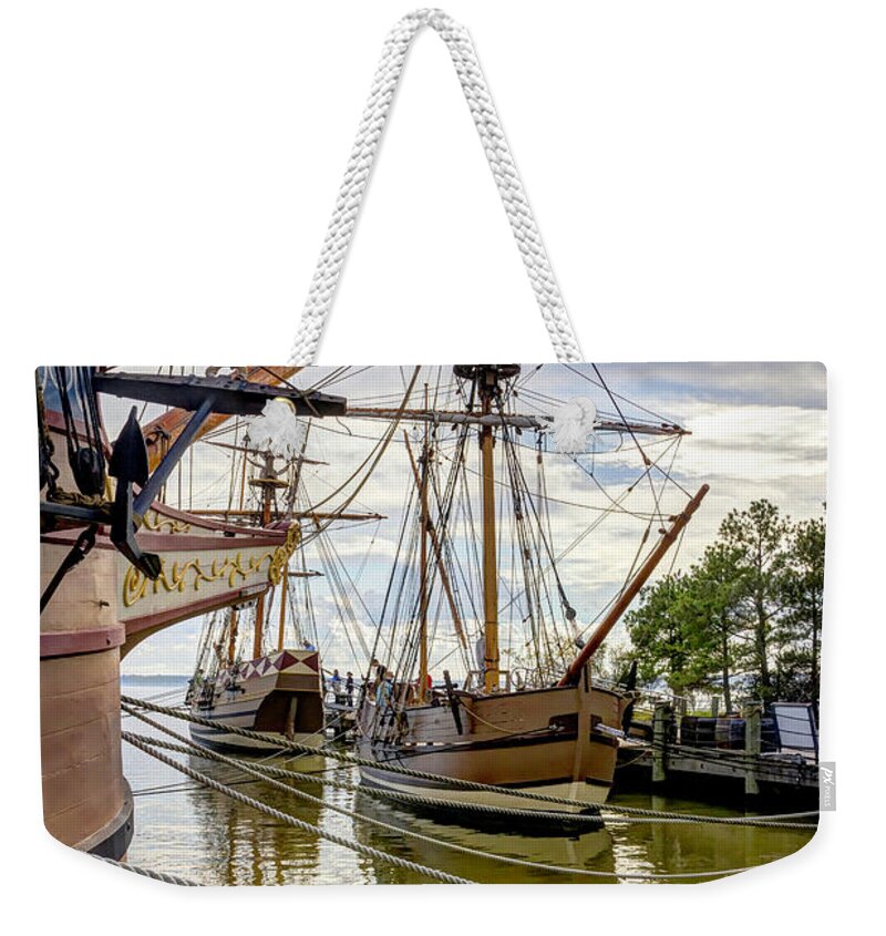 Susan Constant Weekender Tote Bag featuring the photograph Susan Constant, Godspeed and Discovery Jamestown Virginia by Karen Jorstad