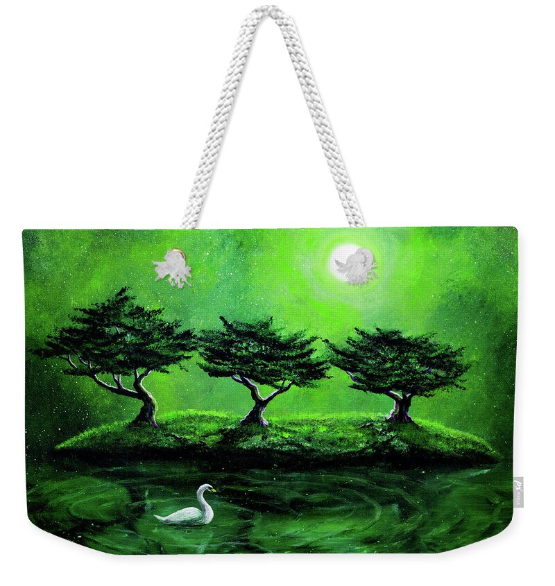 Swan Weekender Tote Bag featuring the painting Swan in an Emerald Lake by Laura Iverson