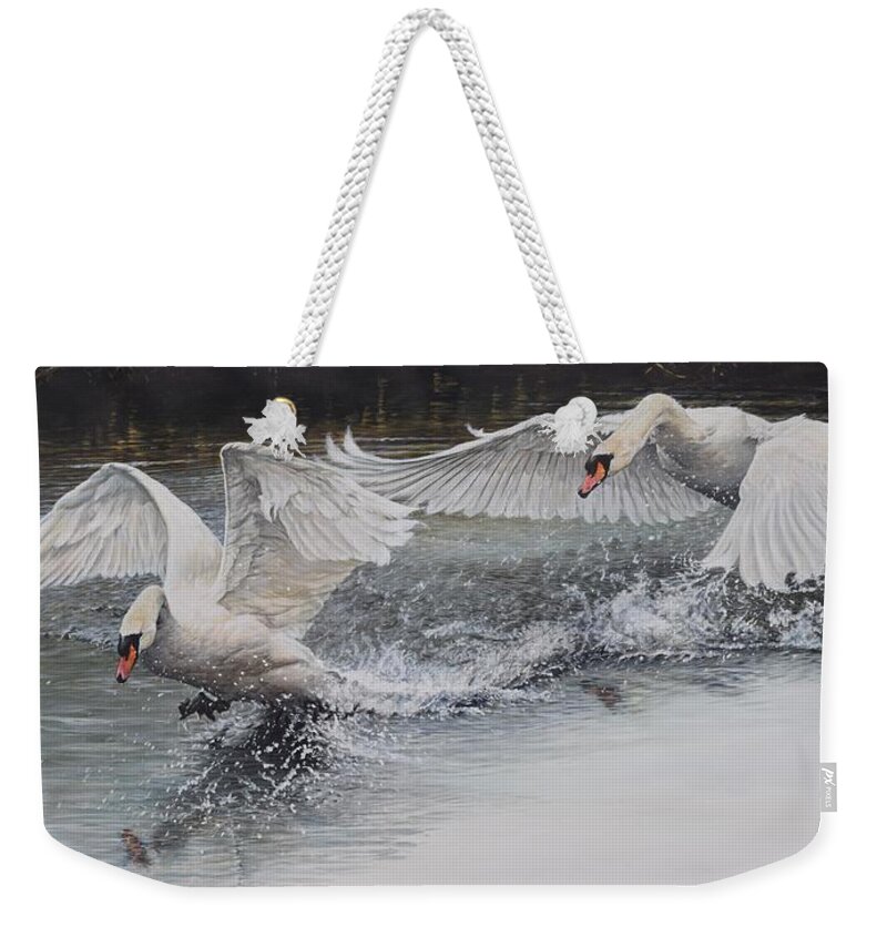 Wildlife Paintings Weekender Tote Bag featuring the painting Swans in Dispute by Alan M Hunt