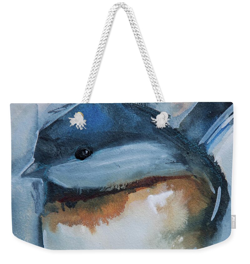 Chickadee Weekender Tote Bag featuring the painting Sweet Chickadee by Jani Freimann