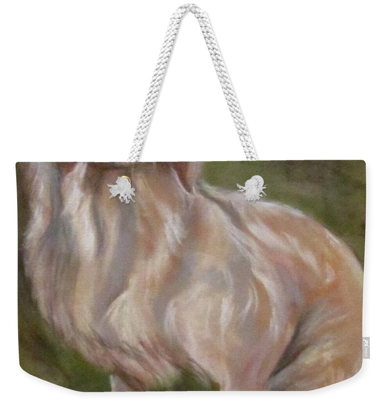 Dog Weekender Tote Bag featuring the pastel Sweet Golden by Barbara O'Toole