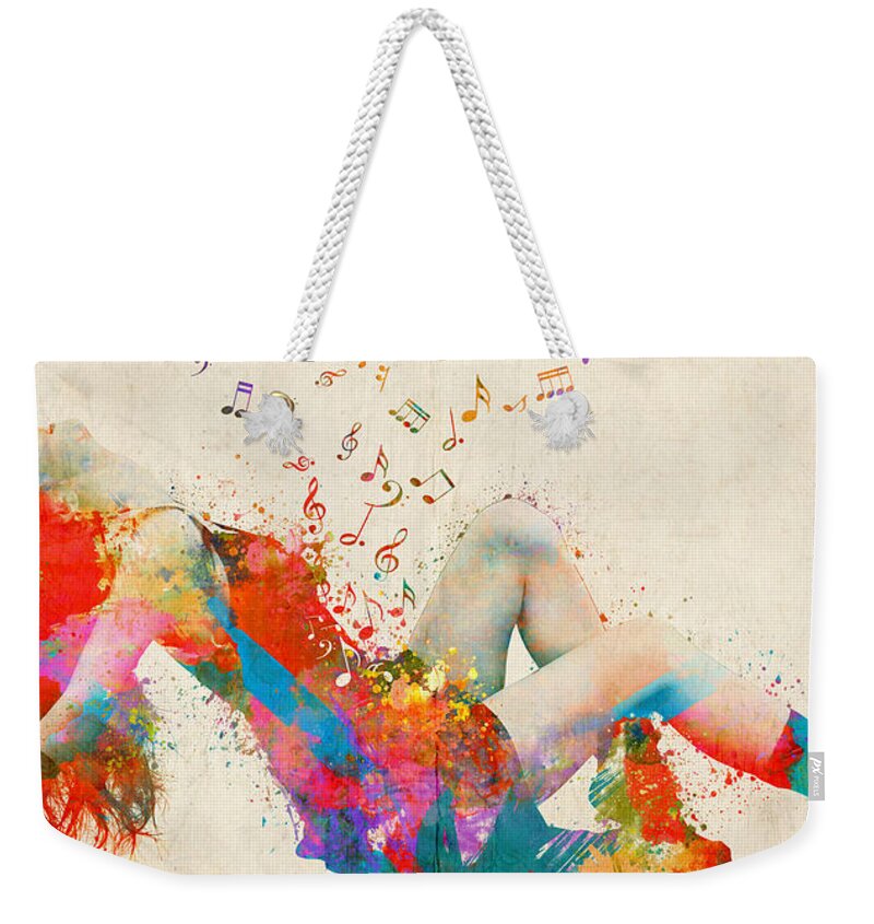 Song Weekender Tote Bag featuring the digital art Sweet Jenny Bursting with Music Cropped by Nikki Marie Smith