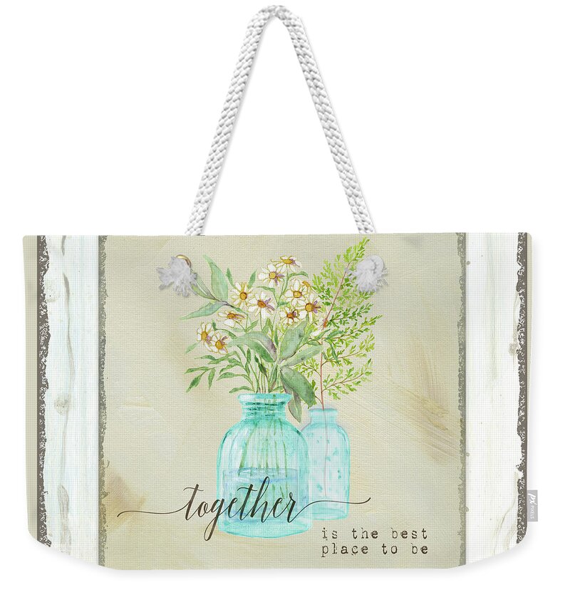 Aqua Weekender Tote Bag featuring the painting Sweet Life Farmhouse 2 Together Aqua Vintage Antique Bottles with Daisies Fern Frond Shiplap Wood by Audrey Jeanne Roberts