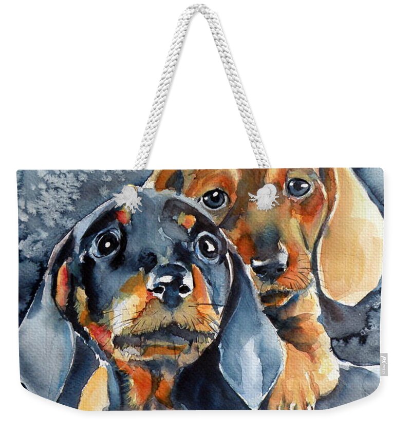 Dog Weekender Tote Bag featuring the painting Sweet little dogs by Kovacs Anna Brigitta