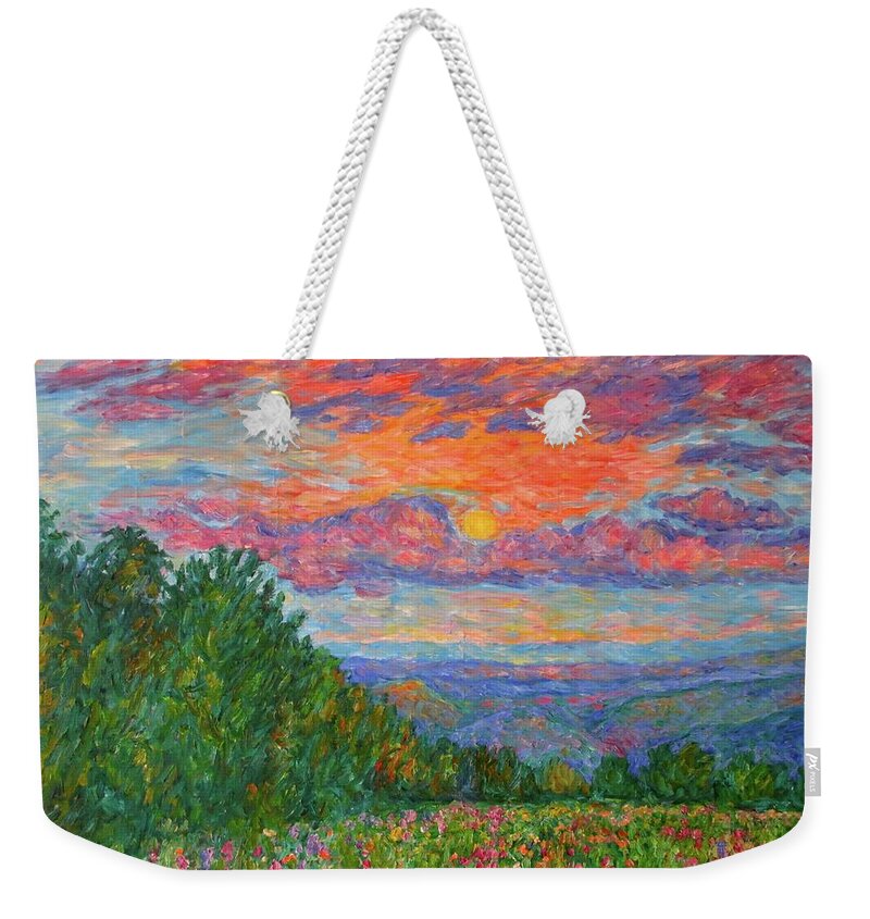 Landscapes For Sale Weekender Tote Bag featuring the painting Sweet Pea Morning on the Blue Ridge by Kendall Kessler