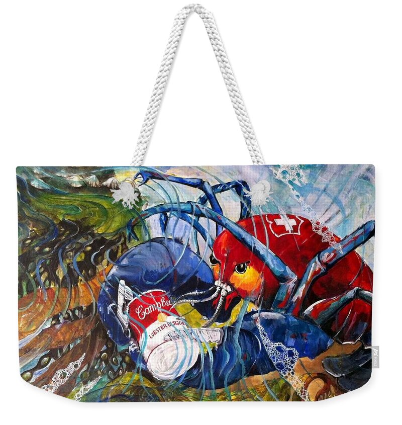 Lobster Weekender Tote Bag featuring the painting Swiss Army Lobster, le Homard de l'Armee Suisse by Chris Walker