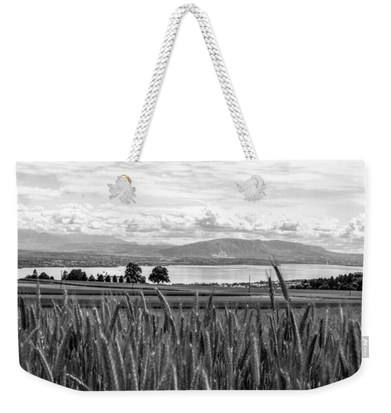 Wheat Weekender Tote Bag featuring the photograph Swiss View by Aleck Cartwright
