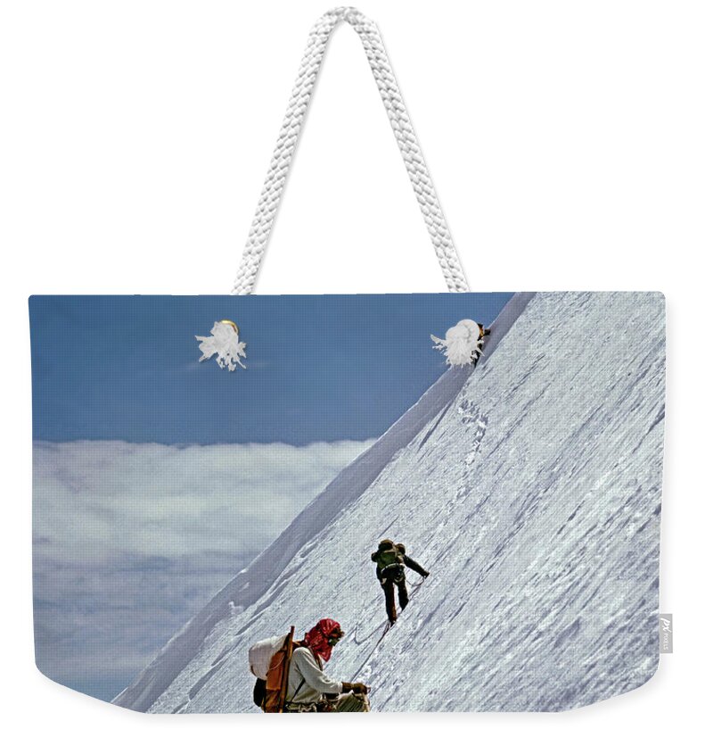 T104106 Weekender Tote Bag featuring the photograph T-104106 Climbing Steep Ice on Mt. Baker 1957 by Ed Cooper Photography