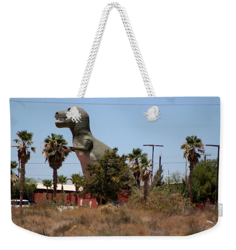 Dino Weekender Tote Bag featuring the photograph T-Rex Invading Cabazon by Colleen Cornelius