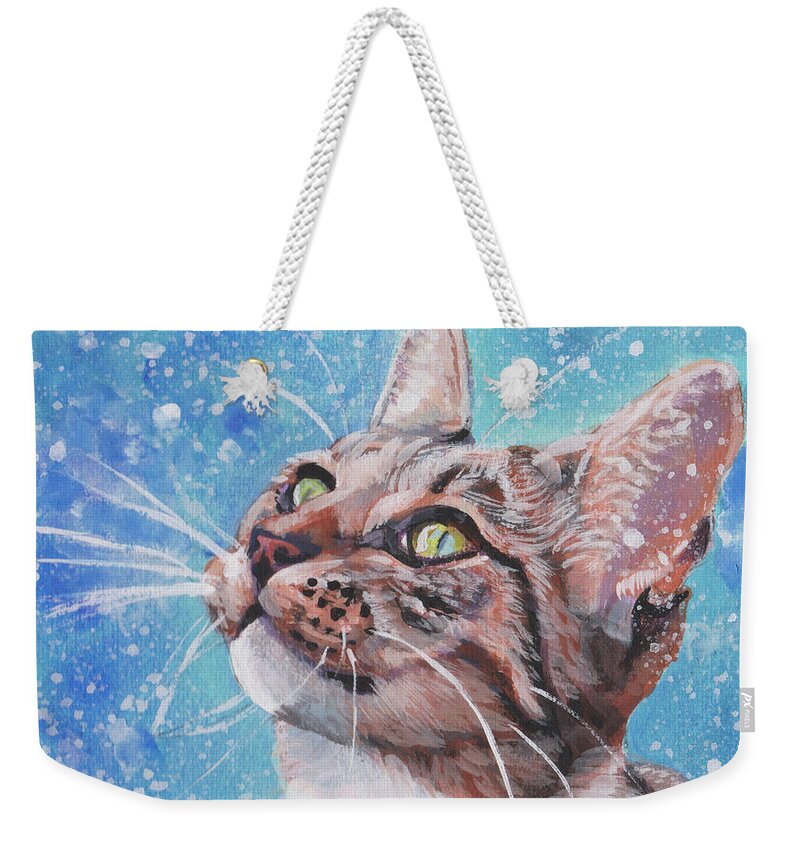 Tabby Cat Weekender Tote Bag featuring the painting Tabby Cat in the Winter by Lee Ann Shepard
