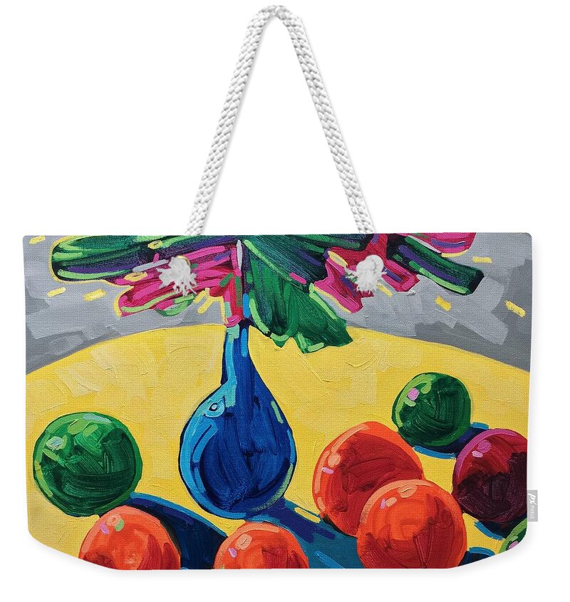 Still Life Weekender Tote Bag featuring the painting Table with fruits and flowers by Enrique Zaldivar