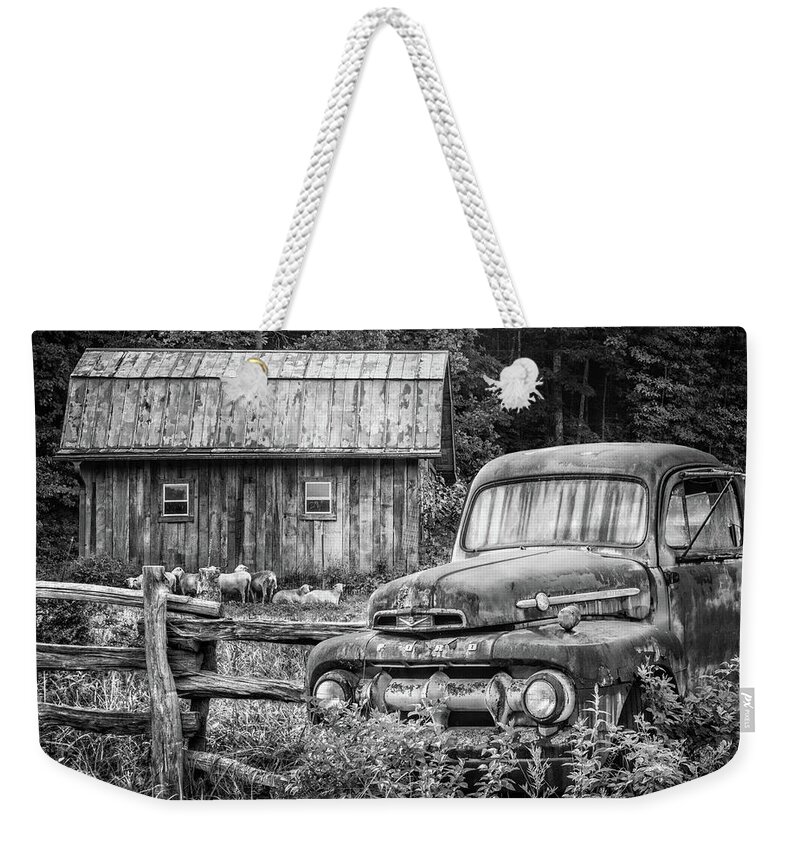 1940s Weekender Tote Bag featuring the photograph Take us for a Ride Black and White by Debra and Dave Vanderlaan