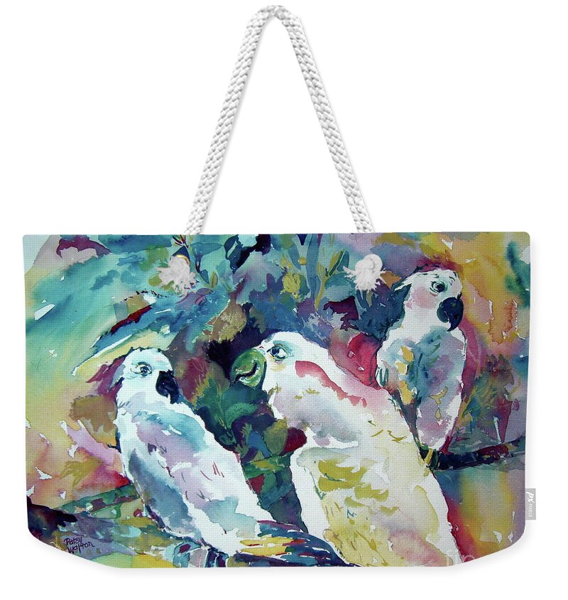 Parrots Weekender Tote Bag featuring the painting Talkin' Trash by Patsy Walton