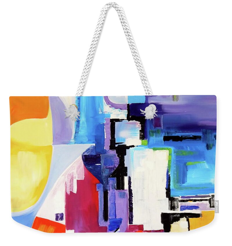  Expressionist Abstract Eye Catching Shapes And Bright Colors .black Accents Create Interest And Depth . Weekender Tote Bag featuring the painting Tall River City by Priscilla Batzell Expressionist Art Studio Gallery